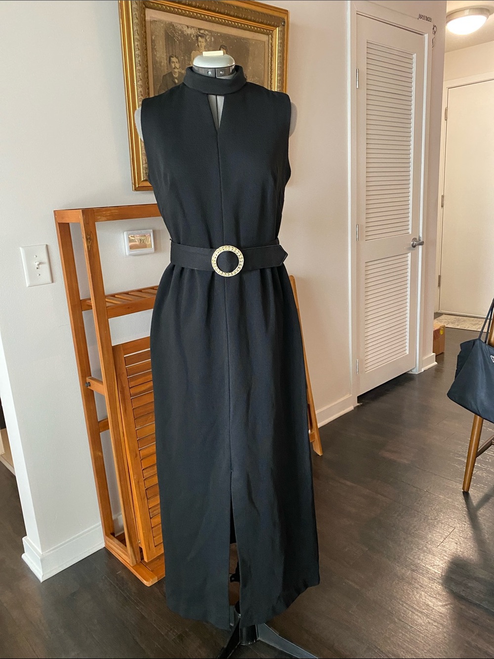 Vintage Black Sleeveless 1970s Maxi Dress with Rhinestone Belt